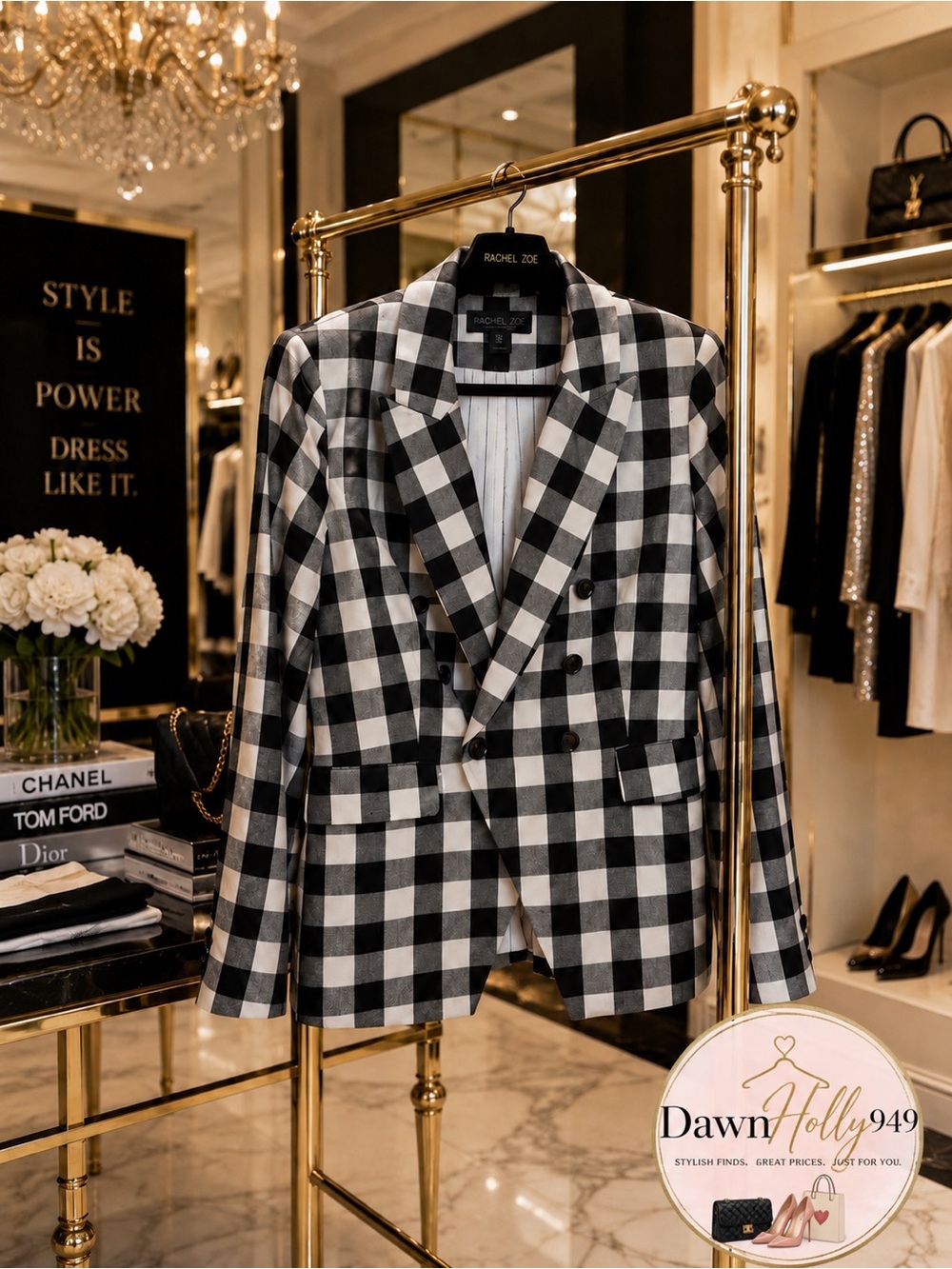 Rachel Zoe Black and White Buffalo Check Double-Breasted Blazer